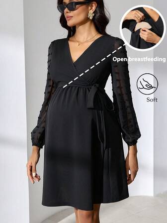 MaterniWear Vestido de enfermería de unicolor con cuello cruzado y envolvente, manga larga, parche de malla y volante en el bajo