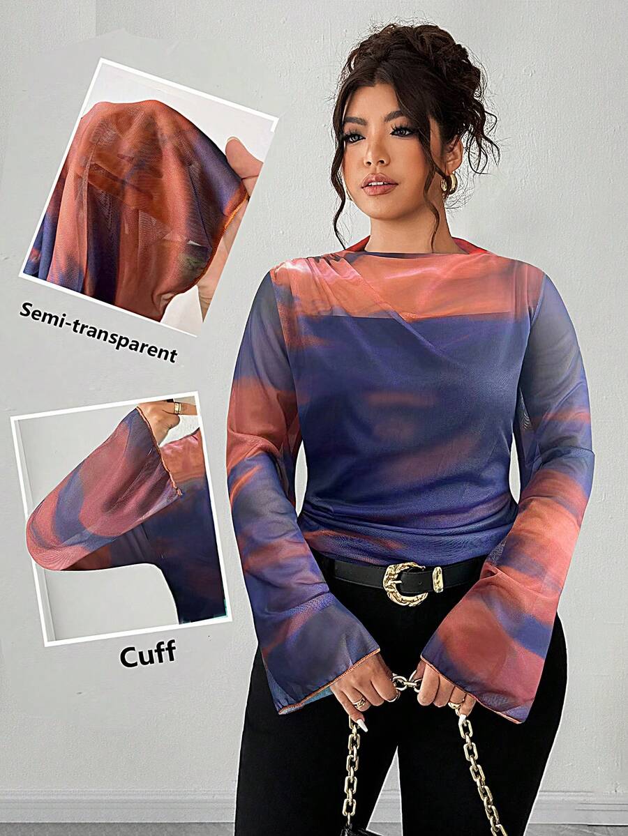 Elenzga Áo thun dài tay co giãn, dáng ôm, xếp ly, in họa tiết ombre, chất liệu lưới, dành cho nữ cỡ lớn, kiểu dáng cổ điển thanh lịch, thích hợp mặc mùa xuân/thu. Áo dài tay xuyên thấu cho nữ cỡ lớn, áo ôm dáng, áo tay chuông. - Màu tím - Xem 1