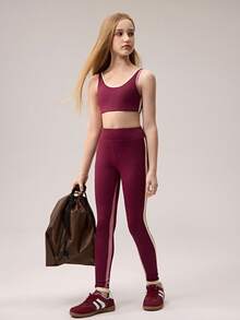 SHEIN Conjunto de top y leggings activos para niñas preadolescentes, sujetador deportivo de color burdeos con empalme y pantalones de yoga, burdeos con rayas de contraste suave amarillo y rojo, tela elástica cómoda, adecuado para entrenamiento en casa, actividades al aire libre, correr, fitness - Multicolor - Ver 6