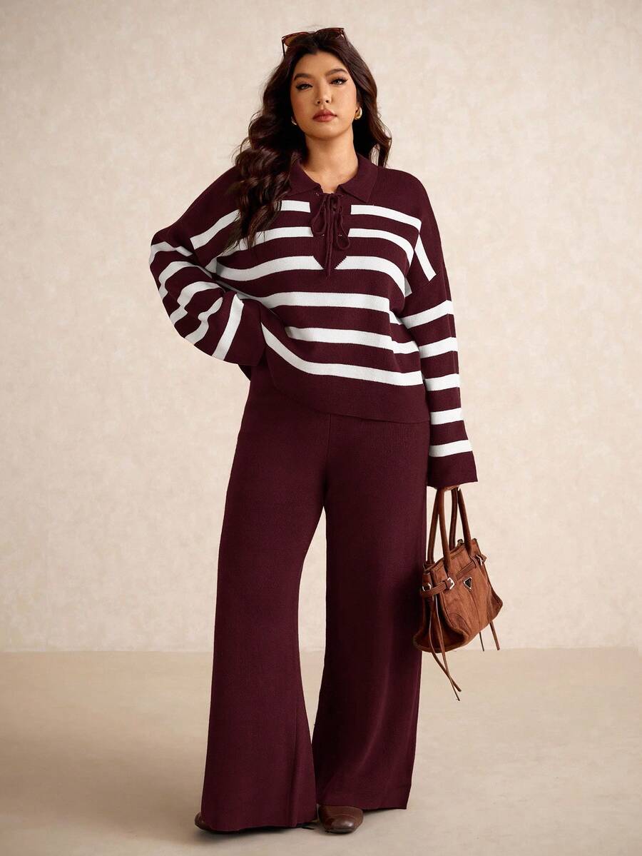 Elaquor 大码条纹印花长袖上衣和纯色长裤毛衣套装 - 酒紅色 - 查看 1