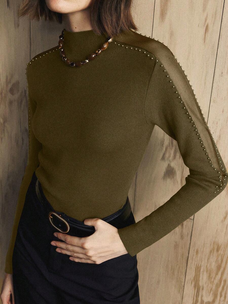 Revavyn 女士修身高领毛衣，肩部网眼镂空设计，饰以珍珠串珠，适合日常通勤 - 軍綠色 - 查看 1