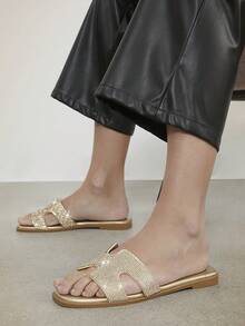 SHUZIA Women's Light Gold Rhinestone Slide Sandals – Elegant Open-Toe Design For Effortless Comfort And Style Summer Shoes Spring Shoes Spring Break Easter Vacation Shoes Casual Shoes Beach Shoes Mother's Day Present For Christmas - Gold - View 4