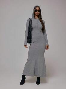 MUSERA 修身紧身针织连帽四分之一拉链长裙，秋冬街头风，酷女孩Y2K日常休闲复古风 - 灰色 - 查看 1