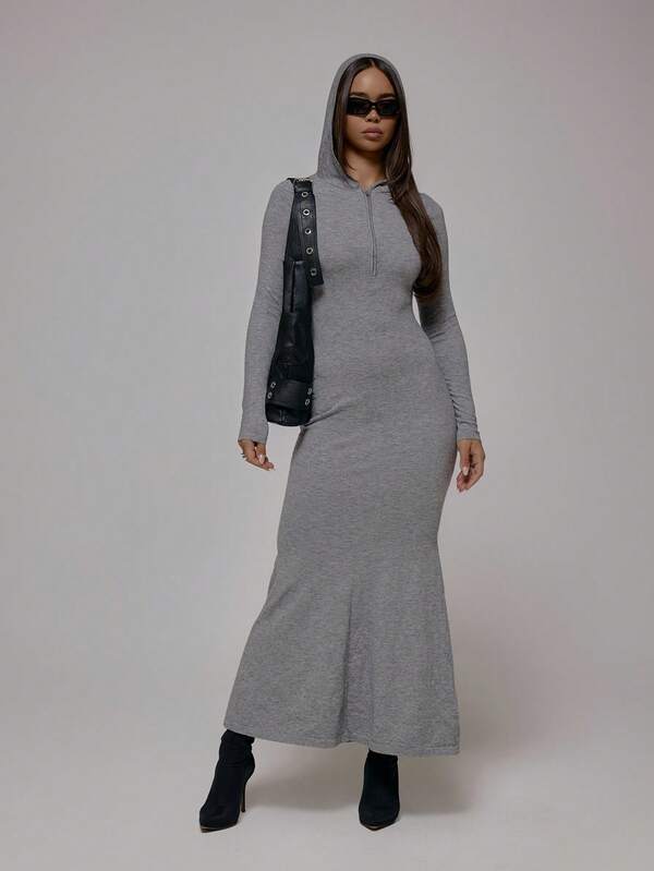 MUSERA 修身紧身针织连帽四分之一拉链长裙，秋冬街头风，酷女孩Y2K日常休闲复古风