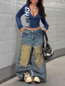 POPSWAY 大码女式性感长袖休闲运动字母印花深V领纽扣装饰百搭日常通勤T恤 - 藍色 - 查看 6