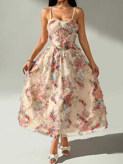 Islaluna Vestido de línea A con tirantes de espagueti de chifón jacquard romántico para mujer