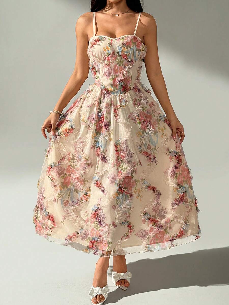 Islaluna Vestido de línea A con tirantes de espagueti de chifón jacquard romántico para mujer - Albaricoque - Ver 1