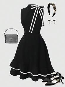 Vestido com Laço Frontal em Cores Contrastantes Estilo Vintage Sweet & Petite, Adequado para Encontros, Festas, Reuniões Casuais, Design Clássico, Elegante e Fofo, Ocasiões Versáteis - Preto - Visão 2
