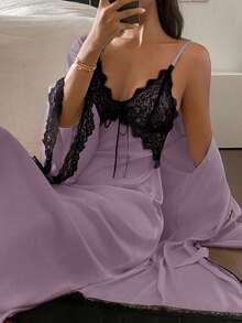 DAZY 2 Stücke Damen Nachtwäsche Set: Kontrast-Farbige Spitze Robe & Unterkleid - Mauve - Übersicht 3