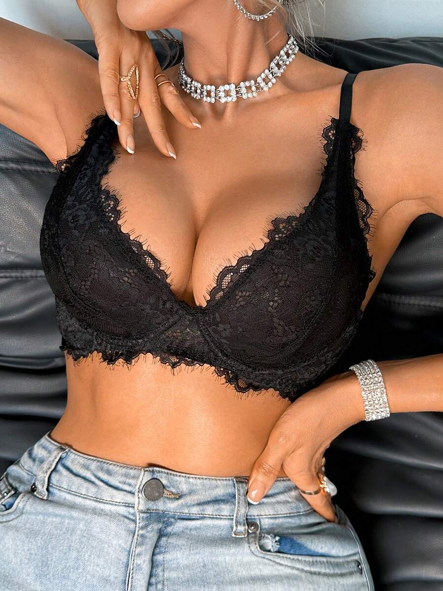 1件女士性感蕾丝深V钢圈文胸，轻盈舒适 - 黑色 - 查看 1