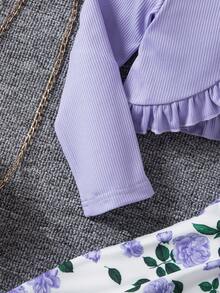 SHEIN Set de 2 piezas: Vestido con estampado de porcelana floral azul y cárdigan con ribete de volantes para niñas jóvenes - Púrpura malva - Ver 3