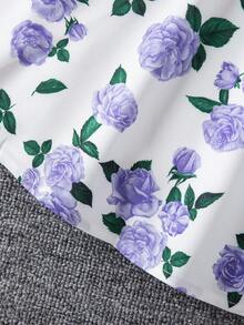 SHEIN Set de 2 piezas: Vestido con estampado de porcelana floral azul y cárdigan con ribete de volantes para niñas jóvenes - Púrpura malva - Ver 5