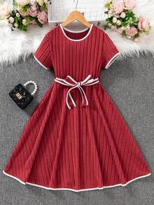 Sparklyn Girls' Casual All-Match Versatile Commute Daily Home Fleece Ribbed Contrast Trim Round Neck Short Sleeve Belted Knit Dress - Multicolor - View 7
