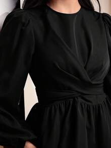 Veilorie Women's Solid Color Round Neck Raglan Lantern Sleeve Ruffle Hem Elegant Blouse - Black - View 6