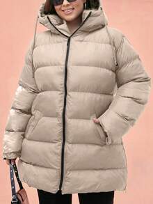 EURMUSE Plus Size Zip Up Drawstring Hooded Padded Coat - Cream - View 7