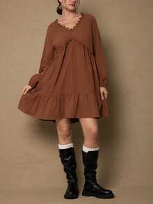 Freevana 大码女式纯色撞色蕾丝V领灯笼袖优雅连衣裙波西米亚风女装乡村西部风 - 紅木色 - 查看 5