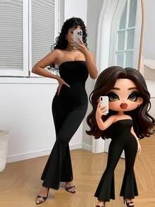 INAWLY Bộ áo liền quần ống rộng quây màu trơn thời trang mùa hè cho nữ - màu đen - Xem 3