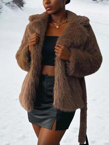 Hourglow Dollyholly86 Plus Size Solid Color Faux Fur Coat, Fashionable For Autumn/Winter Fall, For Hourglass Body Shape - Brown - View 3
