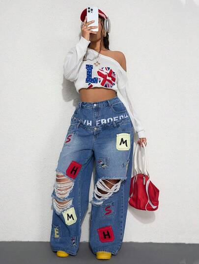 Street Life Jeans amples style de rue décontracté Y2K avec poche et design de broderie, double ceinture taille