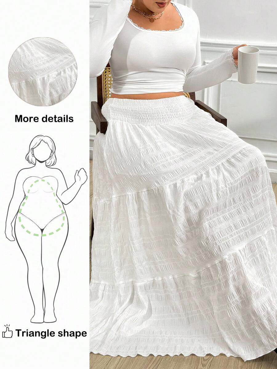 Truni Elyhuante_03 Plus Size Solid Color Drawstring Waist Skirt, Casual For Spring & Summer, For Pear Triangle Body Shape - White - View 1