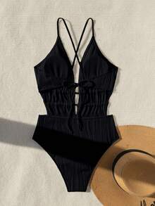 Swim Vcay Summer Beach Solid Color Deep V-Neck Backless Sexy One-Piece Swimsuit - Black - View 7