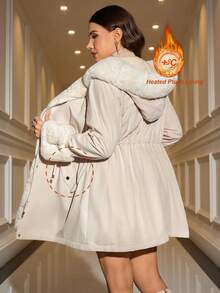 SHEIN Clasi Curve Plus Size Women's Winter Elegant Hiking PU Windbreaker,Pink And Grey Plush Coat,Heated Fur Collar,Hooded Drawstring Cinched Waist Thermal Parka - Apricot - View 3