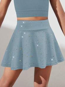 SHEIN Váy xanh xám họa tiết sao mềm mại và co giãn cho bé gái năng động dùng cho tập yoga, khiêu vũ và các hoạt động trong nhà - Màu xanh bụi bặm - Xem 4