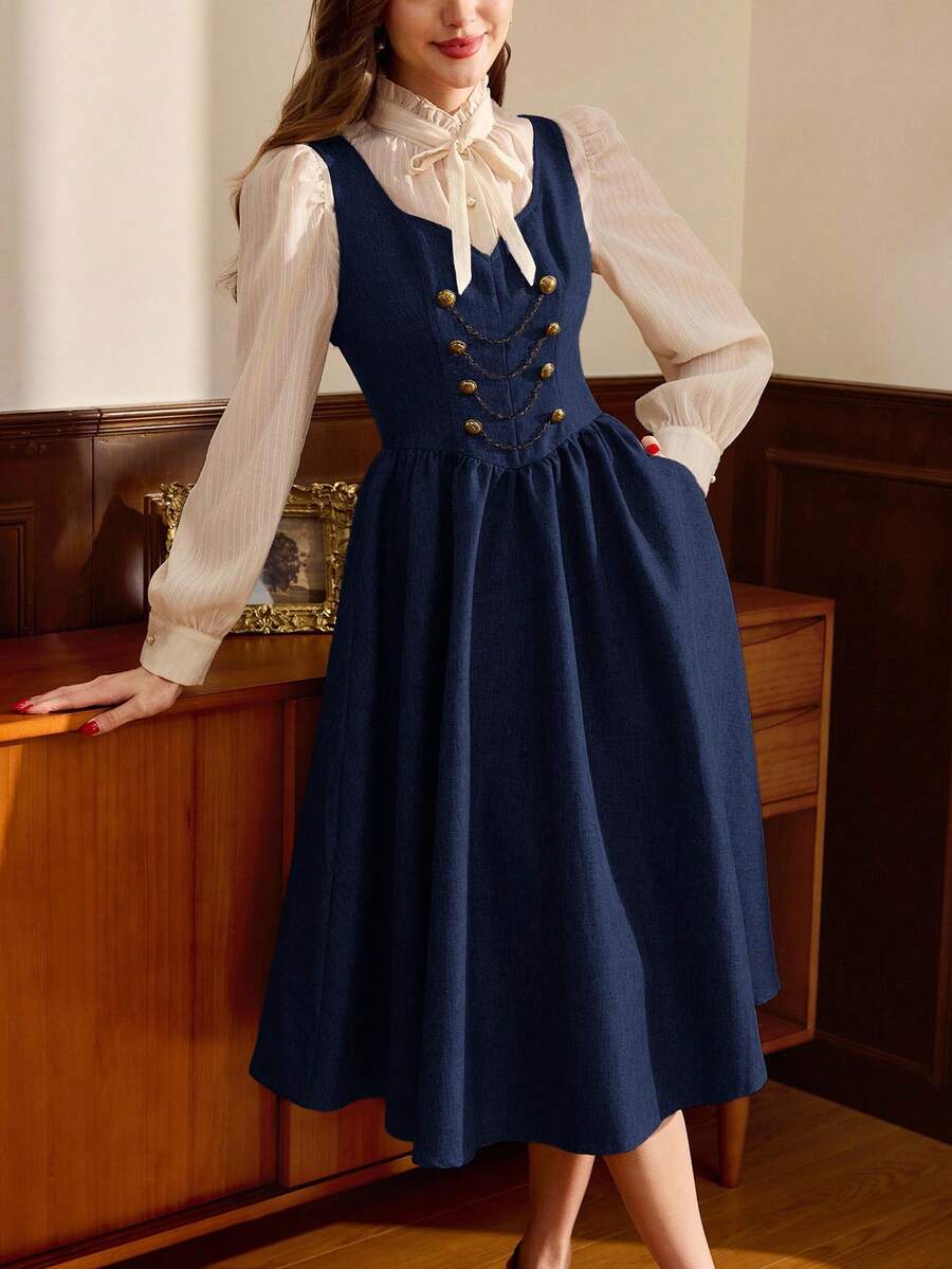 Vintamour Váy nữ thanh lịch cổ điển có túi, dây xích hai hàng khuy, nút kim loại, váy nghỉ mát thường ngày, quần áo mùa thu, quần áo mùa thu cho phụ nữ, trang phục mùa thu cho phụ nữ, trang phục mùa thu cho phụ nữ, váy mùa thu cho phụ nữ, váy mùa đông cho phụ nữ, quần áo mùa đông cho phụ nữ, quần áo Giáng sinh cho phụ nữ, trang phục Giáng sinh - Màu xanh hải quân - Xem 1
