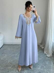 Al Najma Váy ren thêu tay dài cổ tròn kiểu Ả Rập cổ điển cho nữ - Màu xanh lam - Xem 5