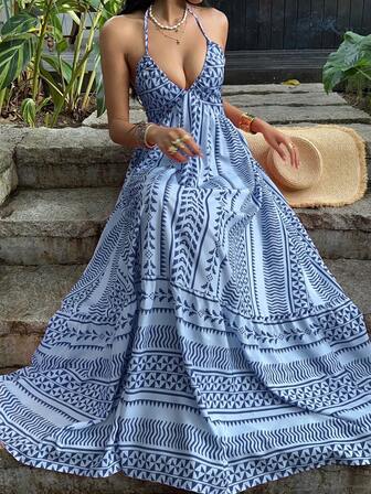 Sunnyshic Pink Digital Print Fitted Waist Backless Tie Strap Dress, French V-Neck Beach Holiday Style