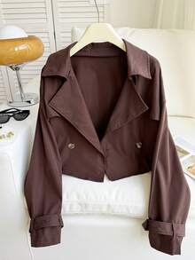 Comfortcana Plus Size Retro Solid Color Lapel Short Trench Coat Plus Size Cropped Jacket Plus Size Brown Jacket Winter Fall Autumn - Brown - View 3