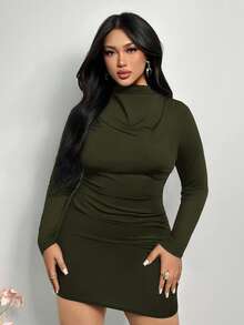 Firerie Plus Size Elegant Olive Green Autumn Long Sleeve Mini Dress, Night Out Club Ruched Turtle Neck Bodycon Dress,Curve Fitted Valentine's Day Outfit - Army Green - View 6