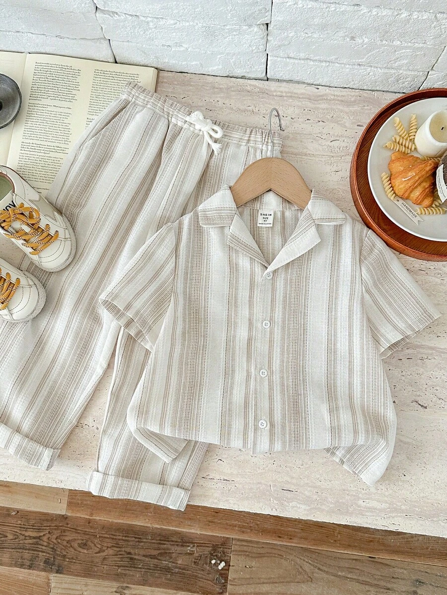 2pcs Young Boy Woven Striped Casual Shirt And Pants Set - Multicolor - View 1