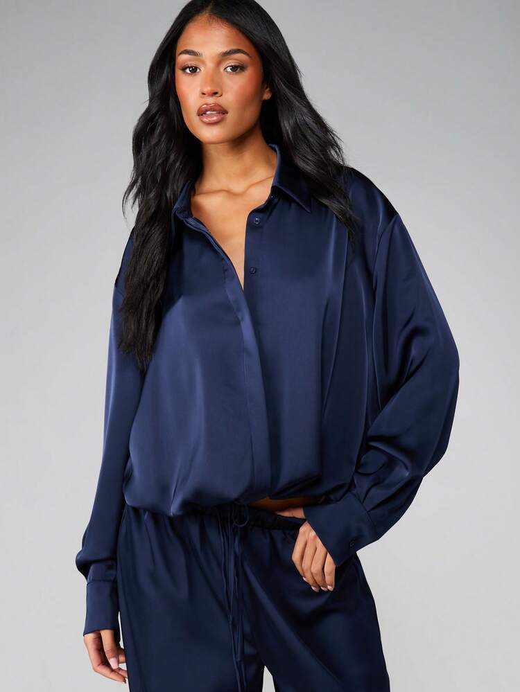MISSGUIDED Luxurious Satin Oversized Button Down Blouse With Drawstring Hemline For Professional Office Work And Evening Occasions