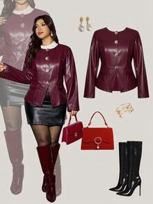 Zelara Plus Size Burgundy PU Leather Blazer For Women,Elegant Formal Summer Business Casual Fitted Jacket,Vintage Long-Sleeved Party Top For New Year,Red - Burgundy - View 1