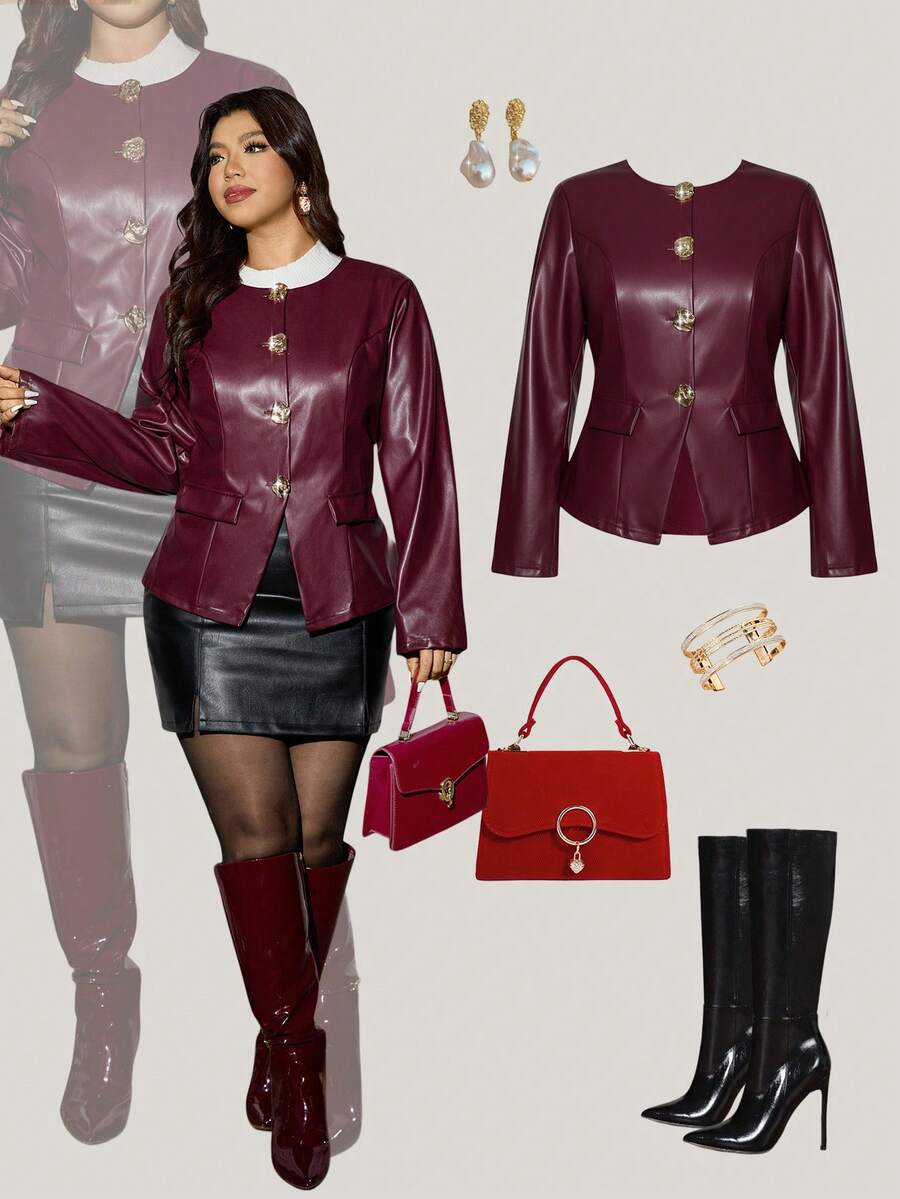 Zelara Plus Size Burgundy PU Leather Blazer For Women,Elegant Formal Summer Business Casual Fitted Jacket,Vintage Long-Sleeved Party Top For New Year,Red - Burgundy - View 1