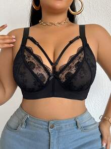 1pc Plus Size Wireless Mesh Embroidered Bra - Black - View 8