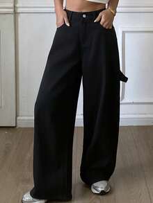 DAZY Women's Loose Wide Leg Jeans, Casual Street Style, Solid Color, Suitable For Spring And Autumn Y2k - Black - View 3