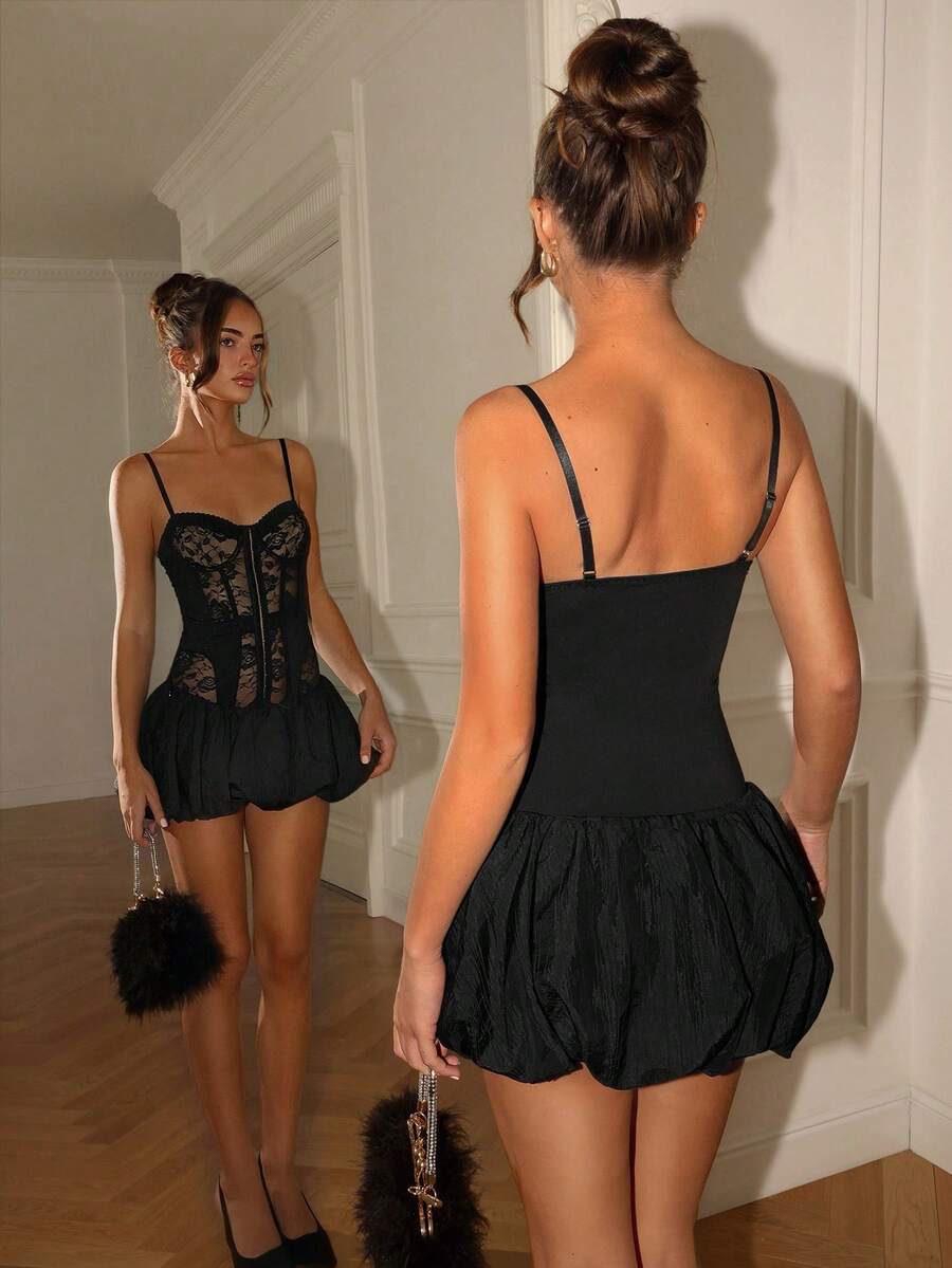 Glamine Charm Relinas Women's Elegant Sleeveless Black Sexy Sheer Lace Bodysuit With Front Center Button-Down Fit And Underwire Black Romper Women - Black - View 1