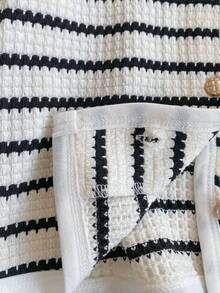 PrepCrw 2pcs Young Girls Elegant Black & White Striped Cardigan & Pleated Mini Skirt Set,Back-To-School,Autumn,Family Matching,Collegiate Casual Clothes Kids - Black and White - View 11