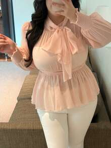 Flirla Áo cánh tay dài cổ buộc nơ chất liệu voan Pháp nhẹ nhàng, thanh lịch mới, eo thắt, ngắn, trang trí ruy băng, mùa xuân, mùa hè, mùa thu - Hồng - Xem 3