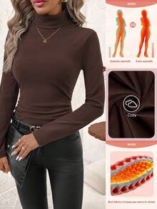 SHEIN Clasi 女士厚款高领打底T恤，百搭秋冬装 - 咖啡棕 - 查看 9