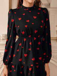 Amorya Vestido de mujer con estampado de corazón, cuello con volantes y mangas farol - Rojo y negro - Ver 8