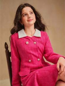 SHEIN Abrigo largo de manga larga elegante con contraste de color de doble botonadura para niña preadolescente - Rosa Fucsia - Ver 5