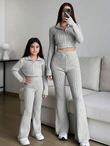 Young Girl 2pcs Set Stand Collar Zipper Solid Color Long Sleeve Top And Long Pants,Great For Casual & Daily Wear & School Daily In Summer & Autumn - Grey - View 2