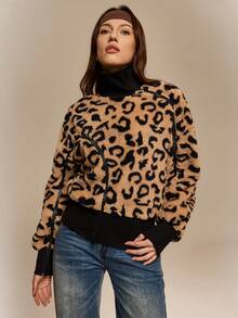 Hanevo Casual Leopard Print Zip-Up Turtleneck Sweatshirt, Autumn/Winter - Multicolor - View 5