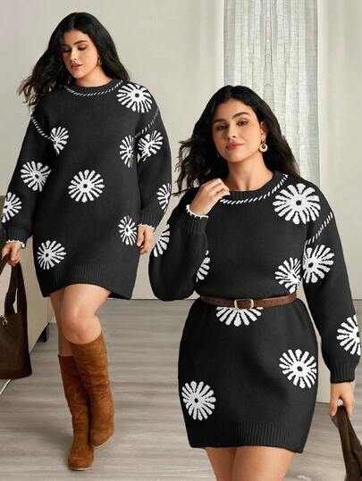 Nubod Plus Size Women's Winter Knitted Straight Loose Casual Sunflower Jacquard Drop Shoulder Long Sleeve Sweater Dress