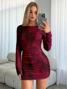 Aloruh 女士纯色圆领长袖褶皱性感酒红色扎染印花修身迷你连衣裙，适合秋冬季节、约会、派对等场合，酒红色派对礼服 - 酒紅色 - 查看 8
