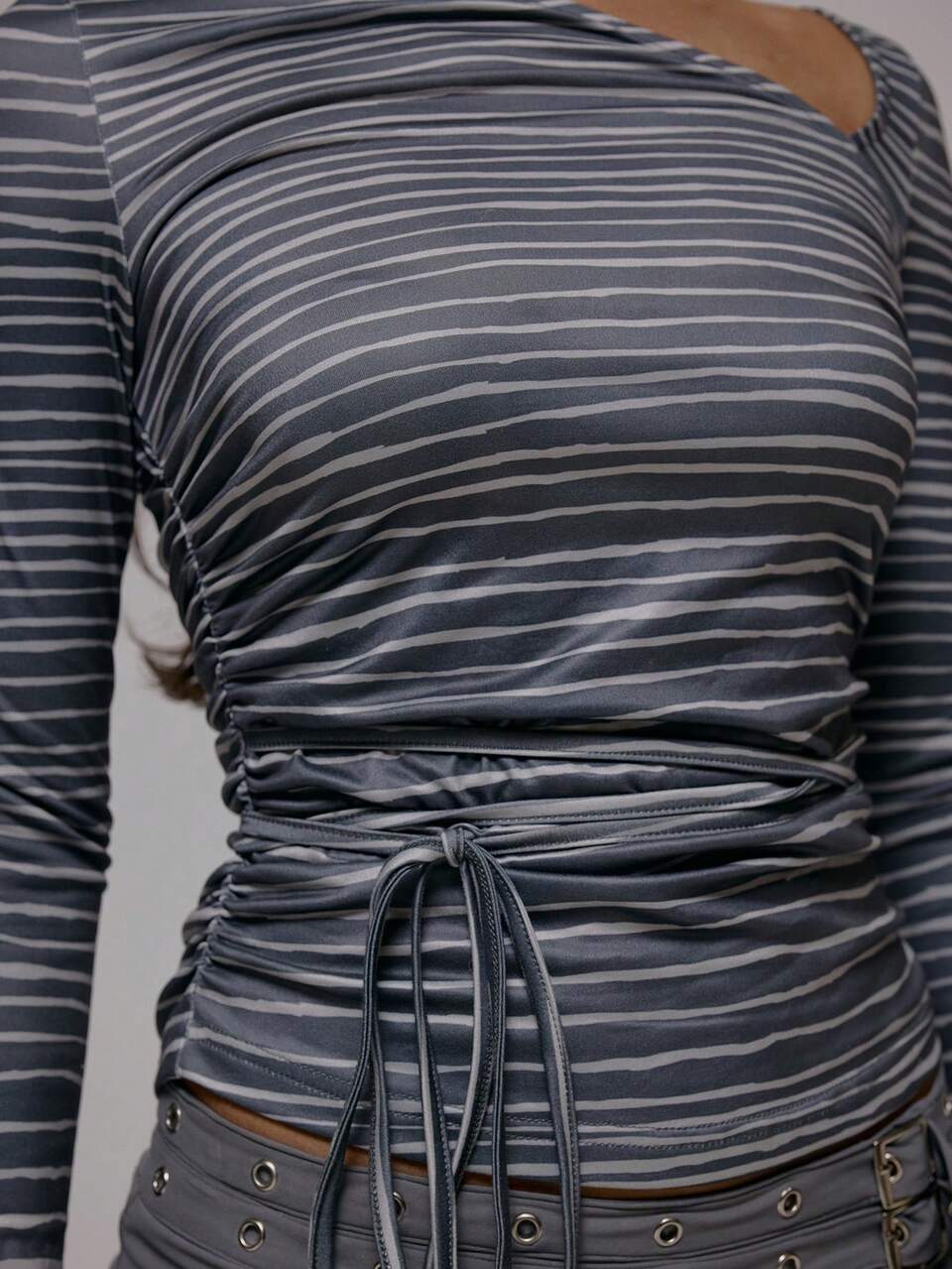 Asymmetrical Neckline Cut Out Stripe Tie Waist Fitted Long Sleeve Top Fall Autumn Streetwear Cool Girl Y2K Everyday Casual Sepia Spring Summer Holiday