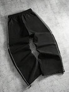 PAVTROS Calça masculina de cintura com cordão solto, com design de combinação de cores laterais. Calça masculina de perna larga, calça masculina reta. Adequada para uso diário, saída, esportes e lazer, escola, festas, festivais de música, lazer. Pode ser usado como presente para amigos, namorados, outono - Preto - Visão 2